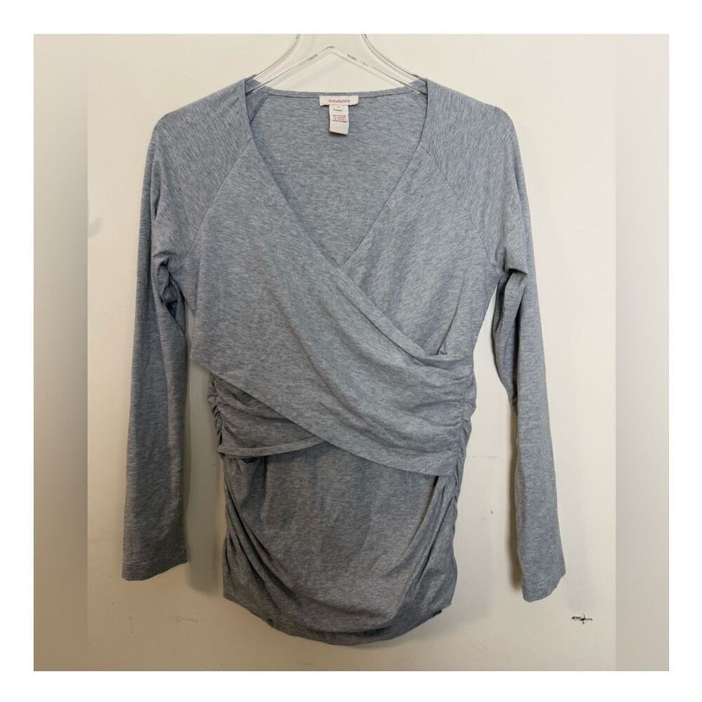 Sundance M Vanessa Faux Wrap Ruched Sides Pullover Knit Top Blouse Nuetral Boho
